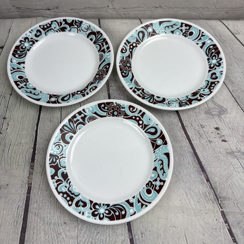 3 Corelle Carousel Salad Luncheon Plate Vitrelle 2 Brown & Blue 8.5" 30% Thicker